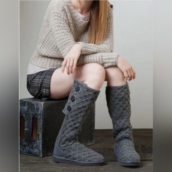 Ugg Womens Gray Australia Lattice  Button Knit Tall Boots Size US 8 - Picture 1 of 16